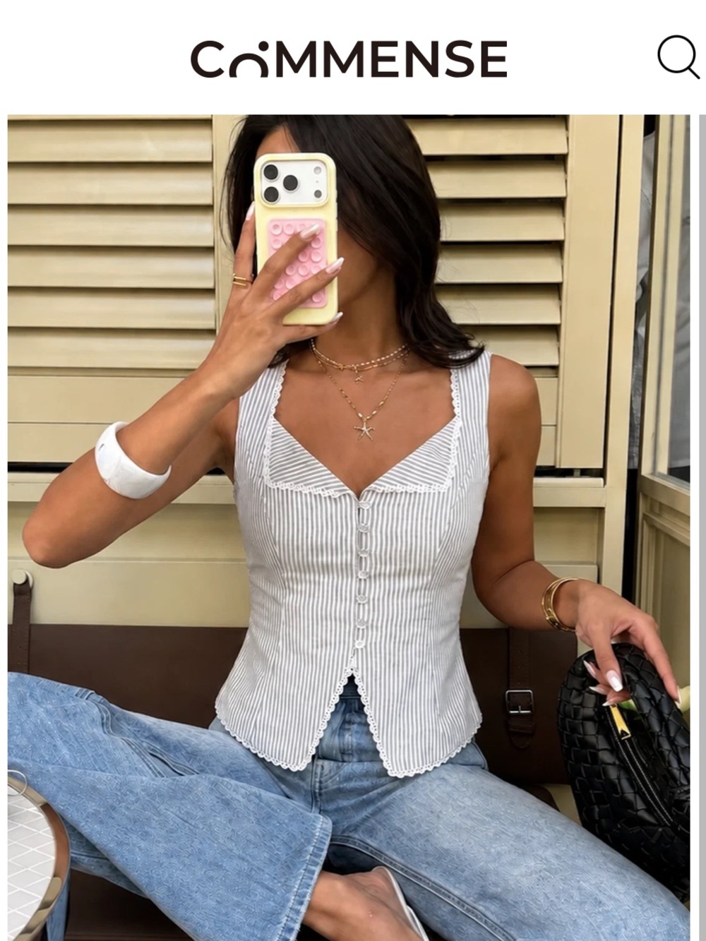 Commense Light Grey and White Striped Lace-Trim Button Tank